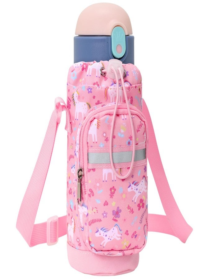 BrainyBees Water Bottle Carrier for Kids - Water Bottle Holder Sling Bag with Adjustable Strap, Girls Water Bottle Bag for 10/12/14/16/18Oz Water Bottles Walking Hiking Camping, Pink Unicorn - Image 1