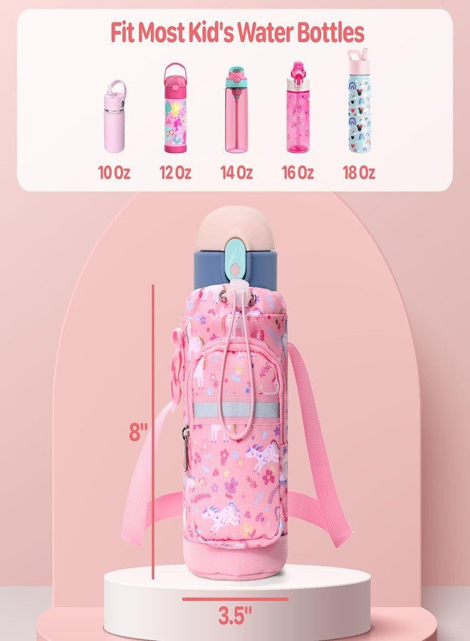 BrainyBees Water Bottle Carrier for Kids - Water Bottle Holder Sling Bag with Adjustable Strap, Girls Water Bottle Bag for 10/12/14/16/18Oz Water Bottles Walking Hiking Camping, Pink Unicorn - Image 2