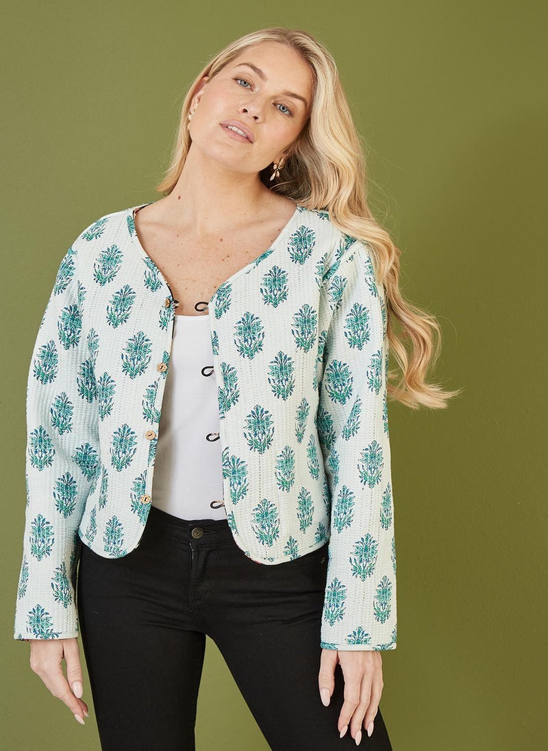 Yumi - Floral Print Reversible Cotton Cropped Quilted Jacket - Image 1