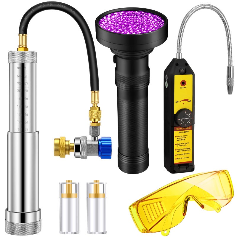 Glooglitter Ac Leak Detector Kit UV Oil Dye Injector Kit with Adjustable Coupler and Oil Checkers and Leak Detector with UV Light and Protective Glasses for R134a R1234yf Refrigerant System - Image 3