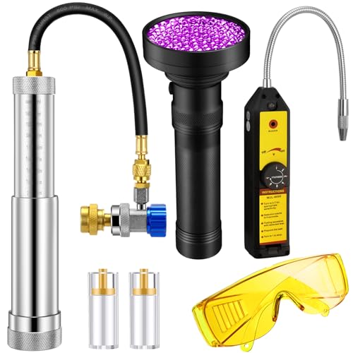 Glooglitter Ac Leak Detector Kit UV Oil Dye Injector Kit with Adjustable Coupler and Oil Checkers and Leak Detector with UV Light and Protective Glasses for R134a R1234yf Refrigerant System - Image 1