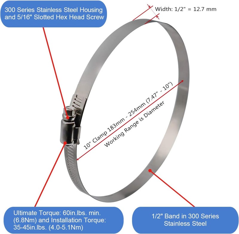 ROADFORMER 10" Worm Gear Hose Clamp - SAE 152 Size, Full Stainless Steel with 1/2" Band Width, Working Range 183mm -254mm Hose Clamps, 5 Pack - Image 3