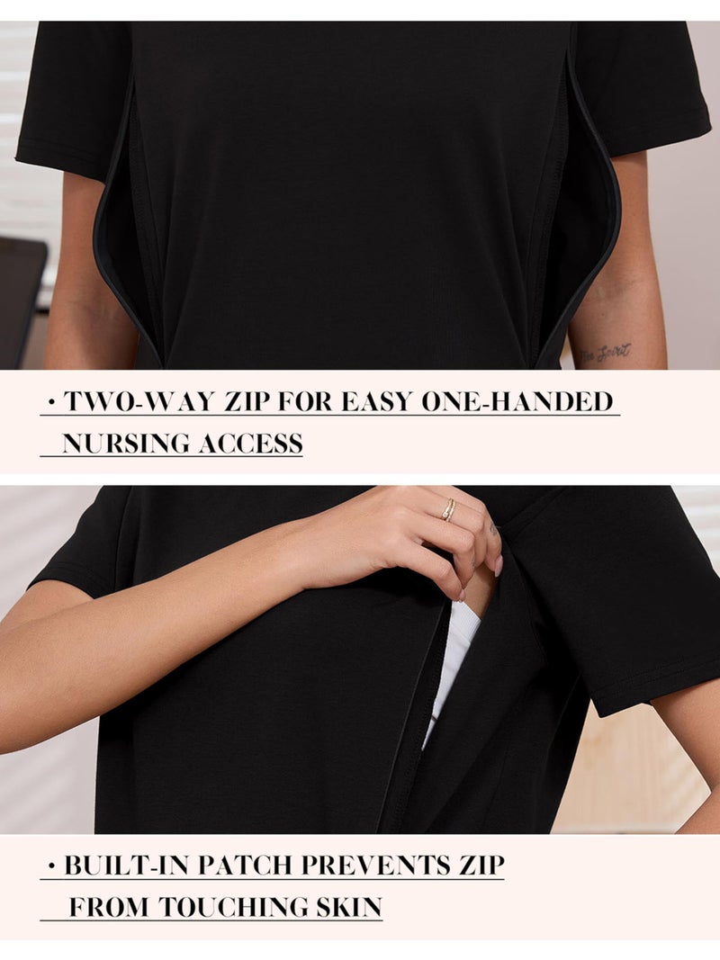 Ecavus Women's Oversized Nursing Shirts for Breastfeeding with Hidden Zipper Short Sleeves Side Splits Maternity Tops Black - Image 4