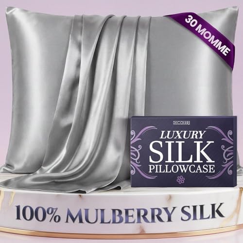 DECOLURE 100 Pure Mulberry Silk Pillow Case Standard Size Highest Grade 30 Momme 6A Luxuriously Soft Cooling Silk Pillowcase for Hair Skin Hypoallergenic Breathable Hidden Zipper Silver - Image 1