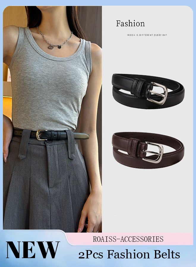 roaiss 2 Pcs Fashionable Retro Slim Belts, Alloy Silver Pin Buckle Belts, Casual and Versatile Denim PU Belts, Adjustable Size, Suitable for Men and Women Business, Travel, Daily Wear,105cm - Image 1