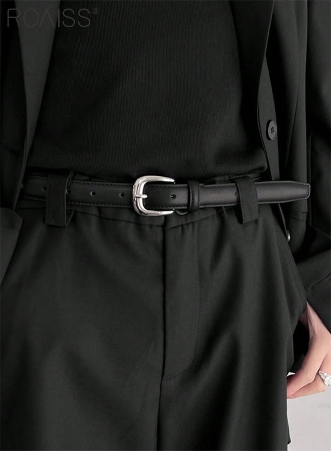 roaiss 2 Pcs Fashionable Retro Slim Belts, Alloy Silver Pin Buckle Belts, Casual and Versatile Denim PU Belts, Adjustable Size, Suitable for Men and Women Business, Travel, Daily Wear,105cm - Image 4