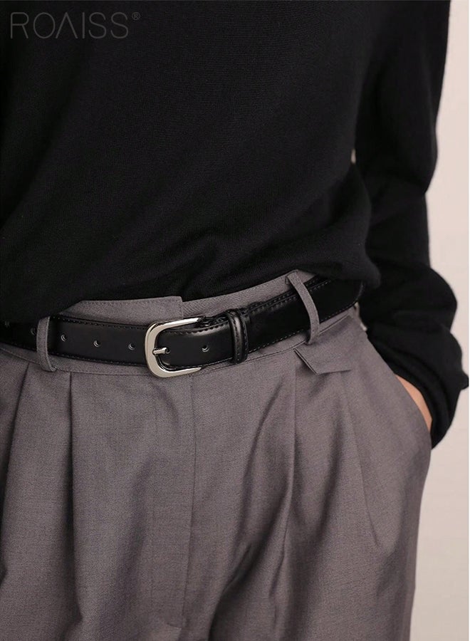 roaiss 2 Pcs Fashionable Retro Slim Belts, Alloy Silver Pin Buckle Belts, Casual and Versatile Denim PU Belts, Adjustable Size, Suitable for Men and Women Business, Travel, Daily Wear,105cm - Image 3