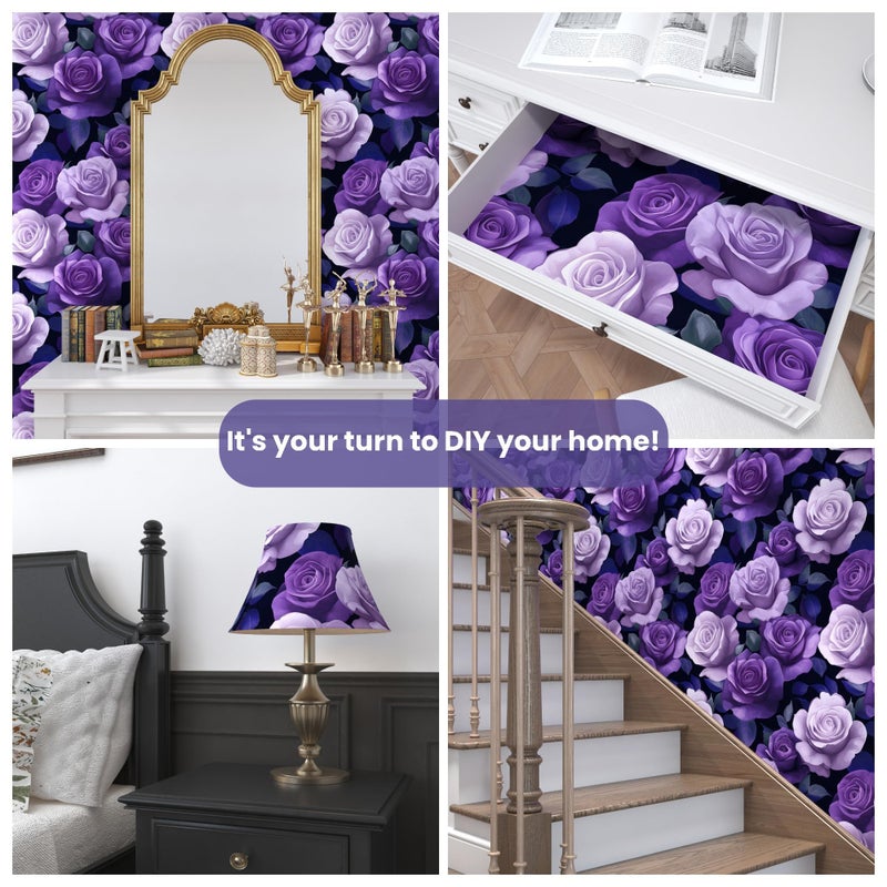 VOLEAAR Purple Peel and Stick Wallpaper, Vintage Purple Rose Floral Pattern Wallpapers, Dark Romance Flower Self Adhesive Contact Paper Wall Decor for Bedroom Bathroom Drawer Bookshelf 17.5In x 9.8Ft - Image 2
