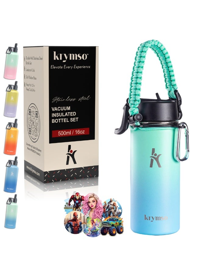 KRYMSO 500ml Water Bottle, Stainless Steel Water Bottle, Water Bottle for Kids Water Bottle with Straw, Thermos, Insulated Water Bottle, Water 500ml with Ai Stickers - Image 1