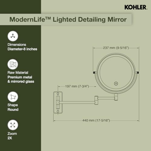 Kohler ML Edge Detailing Lighted Mirror with 3X Magnification | Extendable Frame | Battery Operated, 3 Color Temperatures | Double Sided Mirror for Shaving, Makeup | 3 Yrs Warranty, 460 mm(18 inches) - Image 2