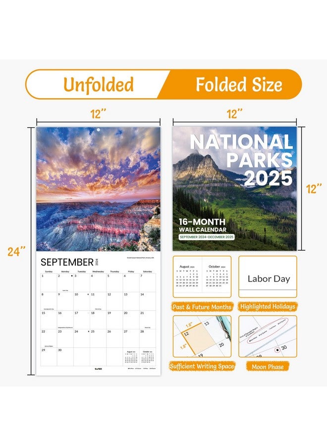 SUNEE Calendar 2024-2025 For Wall, 2025 Large Wall Calendar 12X12 Inches With 16 Months From Now To December 2025, Thick Glossy Paper, 12" X 24" (Open), National Parks - Image 3