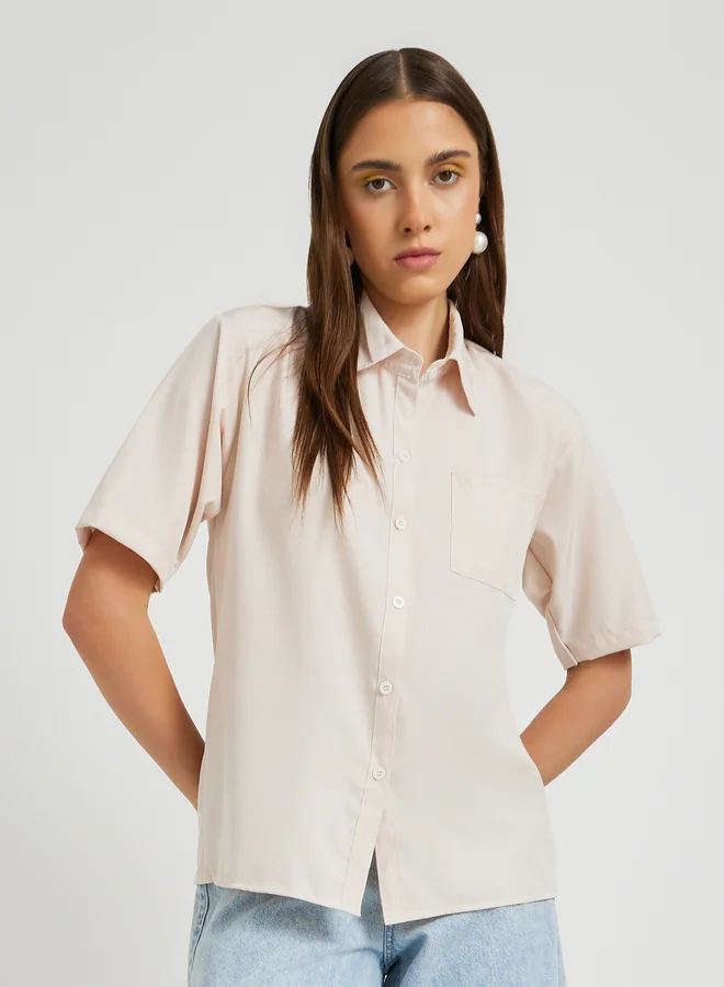 تايك تو Take Two Solid Pocket Detail Spread Collar Oversized Shirt