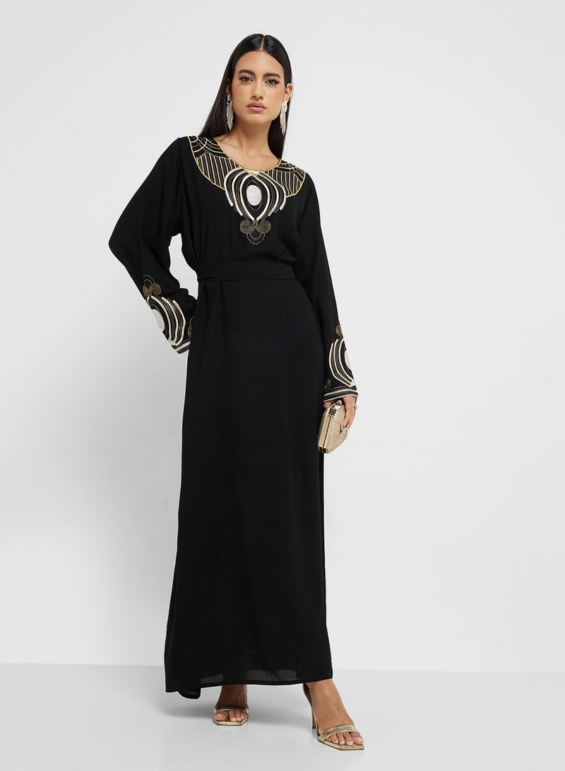 hayas closet Crew Neck Embroidered Sleeve Abaya  - Image 1
