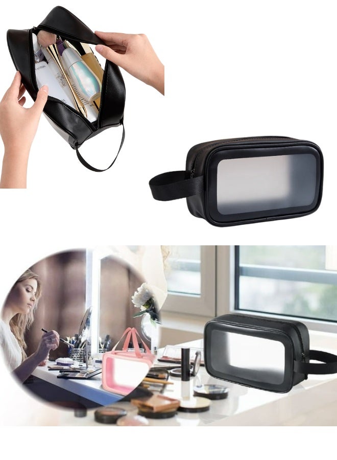 حقيبة سفر لأدوات النظافة وحقيبة مستحضرات التجميل وصندوق المكياج للفرش والإكسسوارات مع مقبض، سعة كبيرة شفافة مقاومة للماء لتخزين السفر ميديام مقاس 24 × 14 × 7 سم (أسود) - Image 1