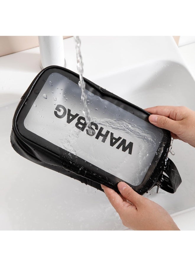 حقيبة سفر لأدوات النظافة وحقيبة مستحضرات التجميل وصندوق المكياج للفرش والإكسسوارات مع مقبض، سعة كبيرة شفافة مقاومة للماء لتخزين السفر ميديام مقاس 24 × 14 × 7 سم (أسود) - Image 2