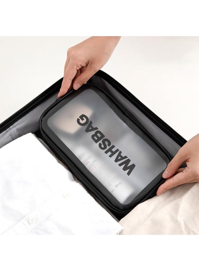 حقيبة سفر لأدوات النظافة وحقيبة مستحضرات التجميل وصندوق المكياج للفرش والإكسسوارات مع مقبض، سعة كبيرة شفافة مقاومة للماء لتخزين السفر ميديام مقاس 24 × 14 × 7 سم (أسود) - Image 3