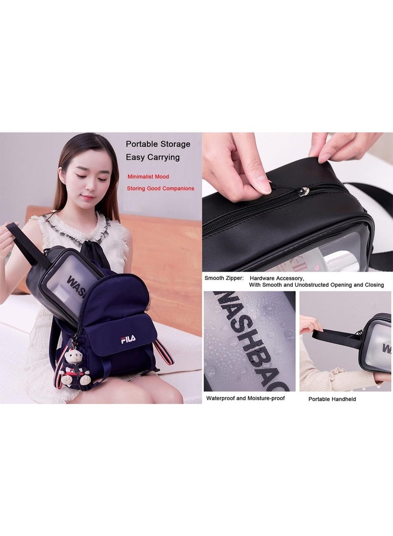 حقيبة سفر لأدوات النظافة وحقيبة مستحضرات التجميل وصندوق المكياج للفرش والإكسسوارات مع مقبض، سعة كبيرة شفافة مقاومة للماء لتخزين السفر ميديام مقاس 24 × 14 × 7 سم (أسود) - Image 4