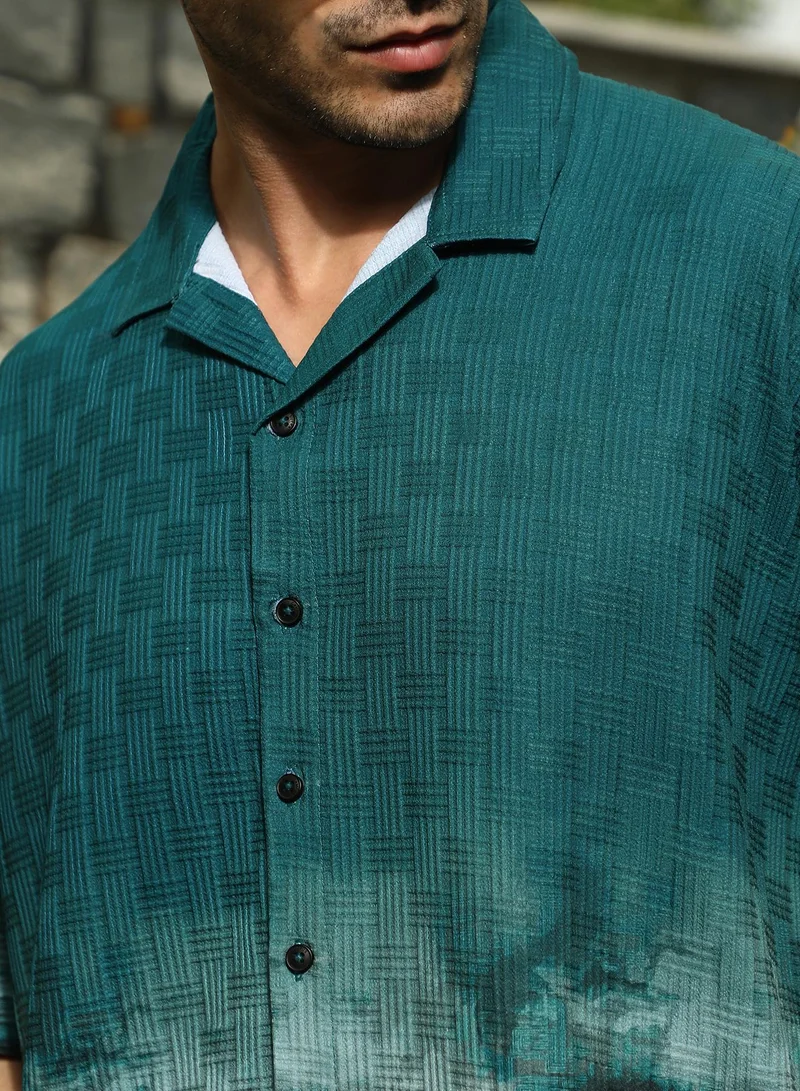 كامبوس سوترا Men's Teal Green Abstract-Ombre Oversized Shirt