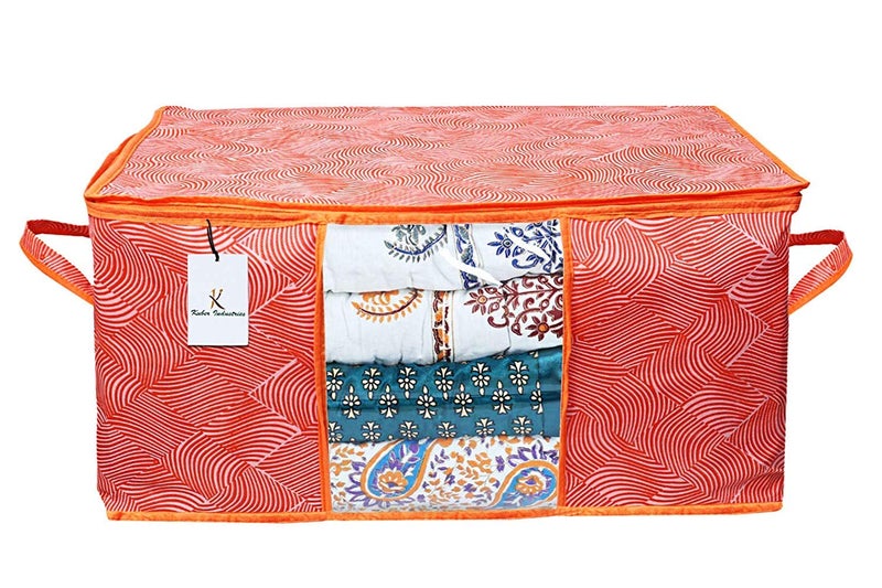 Kuber Industries Leheriya Printed 6 Piece Non Woven Fabric Underbed Storage BagCloth OrganiserBlanket Cover with Transparent Window Orange Blue CTKTC41132 - Image 3