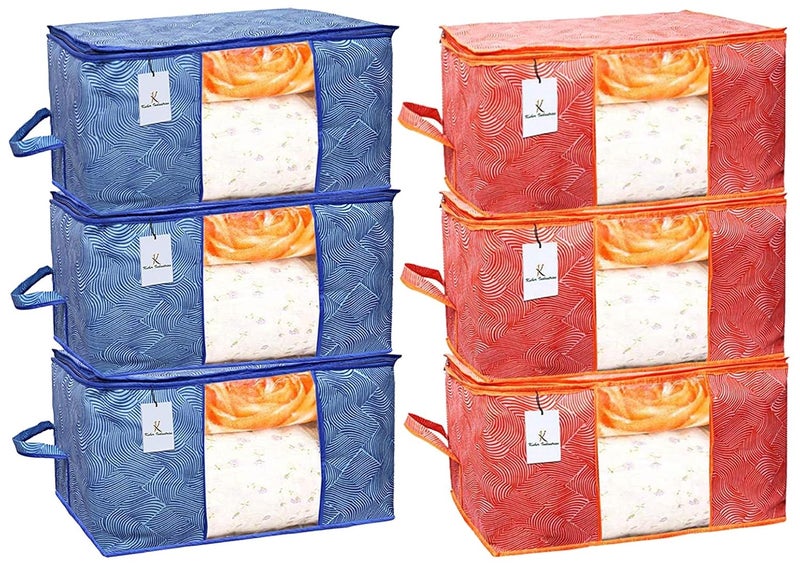 Kuber Industries Leheriya Printed 6 Piece Non Woven Fabric Underbed Storage BagCloth OrganiserBlanket Cover with Transparent Window Orange Blue CTKTC41132 - Image 1