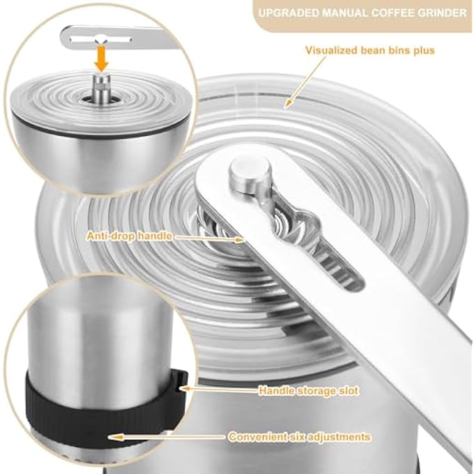 KASTWAVE Upgrade Manual Coffee Grinder Portable Stainless Steel Hand Crank Coffee Bean Grinder Hand Coffee Grinder 6 Coarseness Settings Burr Coffee Grinder With Ceramic Burrs Perfect For Families Home - Image 3