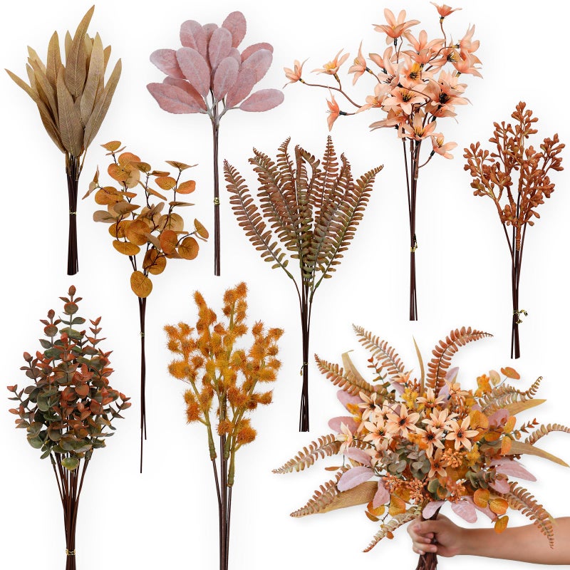 FOTEEWL 75 Pcs Artificial Greenery Stems Box Set,with 8 Kinds of Faux Plants and Fake Flowers for DIY Bridal Bouquets Wedding Floral Arrangement Table Centerpieces Fall Decoration (Orange) - Image 1