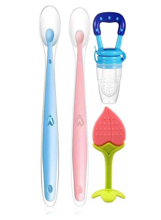 Roforuf Silicone Baby Feeding Spoon Set (2pcs) with Fruit Shape Teether & Fruit Feeder/Nibbler | BPA-Free Soft Infant Feeding Spoon, Anti-Choking Food Pacifier, Teething Toy for 3-12 Months Babies - Image 1