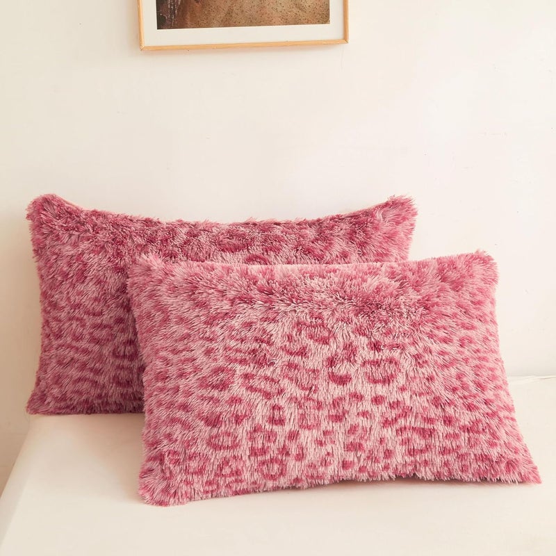 XeGe Cheetah Print Faux Fur Fluffy Pillowcases, Plush Shaggy Soft Long Pillow Covers, Fuzzy Decorative Leopard Print Pillow Cases, Furry Pillow Shams for Bed Couch Zipper, Set of 2(King, Pink) - Image 1