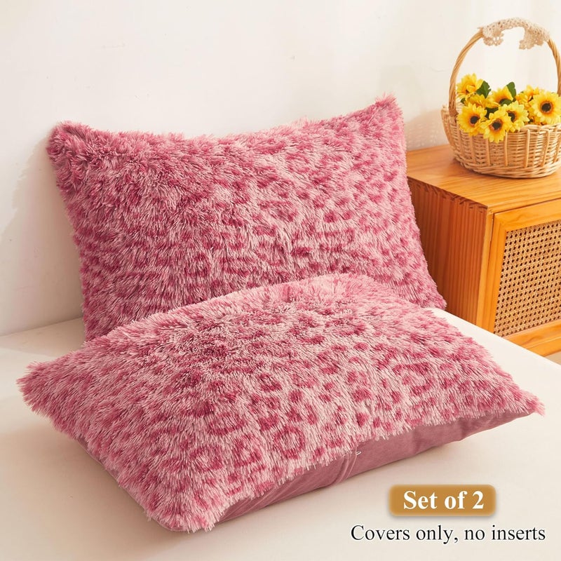 XeGe Cheetah Print Faux Fur Fluffy Pillowcases, Plush Shaggy Soft Long Pillow Covers, Fuzzy Decorative Leopard Print Pillow Cases, Furry Pillow Shams for Bed Couch Zipper, Set of 2(King, Pink) - Image 2