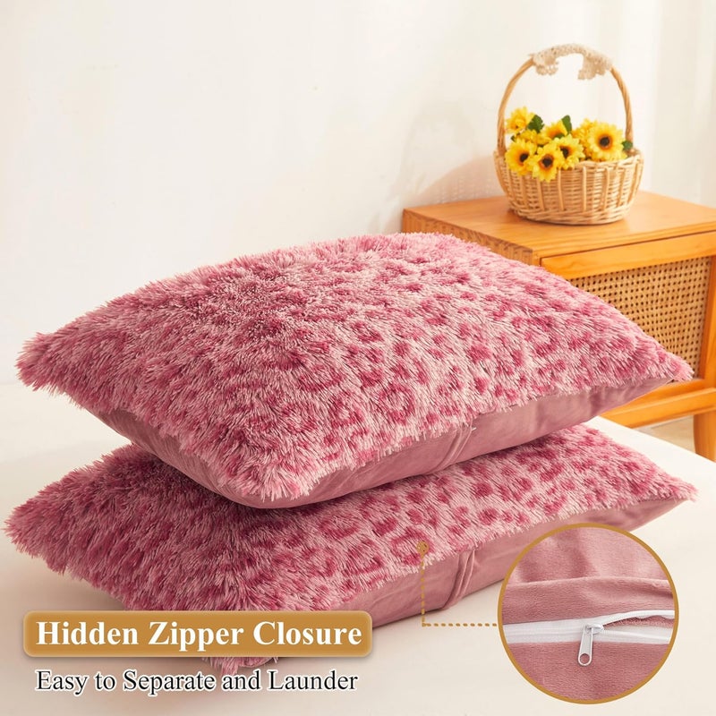 XeGe Cheetah Print Faux Fur Fluffy Pillowcases, Plush Shaggy Soft Long Pillow Covers, Fuzzy Decorative Leopard Print Pillow Cases, Furry Pillow Shams for Bed Couch Zipper, Set of 2(King, Pink) - Image 3