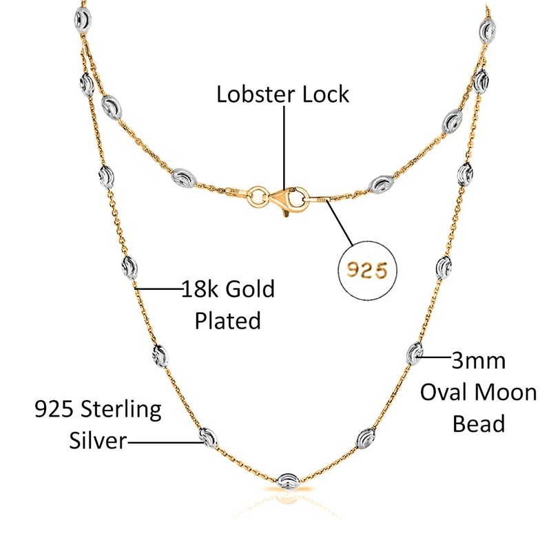 Savlano 18K Gold Plated Over 925 Sterling Silver Station Oval Moon Bead Necklace Chain For Women. Silver, Gold, Rose Gold - Made in Italy Comes With a Gift Box (2CG, 16) - Image 2