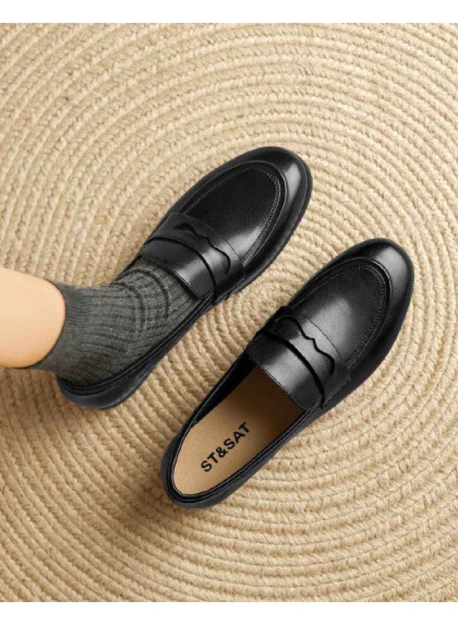St&Sat Top Grain Leather】versatile Loafer Flats For Spring And Autumn, Jk Uniform Shoes For Women, Low-cut Women's Single Shoes - Image 1