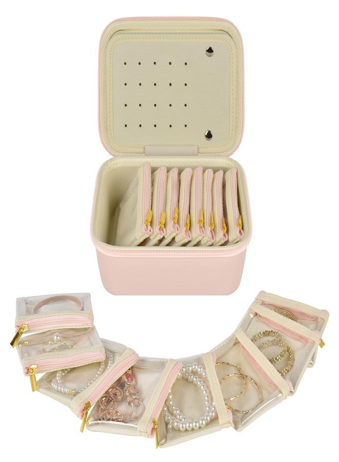 GWCASE حافظة مجوهرات للسفر للنساء من GWCASE، صندوق مجوهرات وردي من PU مع 8 أكياس مجوهرات مخملية بسحاب. منظم من طبقتين للخواتم، الأقراط، القلائد والأساور - هدية أنيقة لها (حافظة فقط) - Image 2