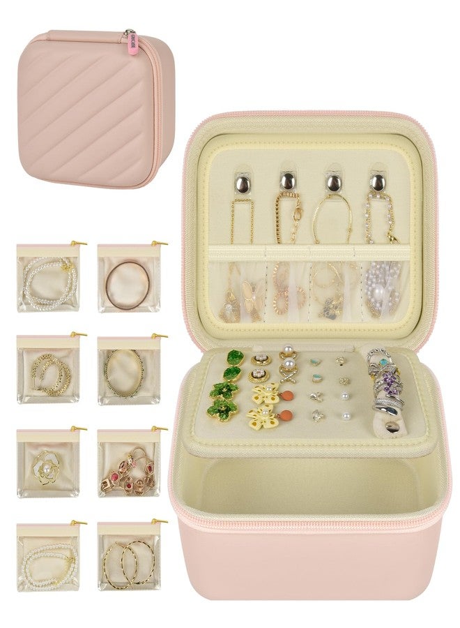 GWCASE حافظة مجوهرات للسفر للنساء من GWCASE، صندوق مجوهرات وردي من PU مع 8 أكياس مجوهرات مخملية بسحاب. منظم من طبقتين للخواتم، الأقراط، القلائد والأساور - هدية أنيقة لها (حافظة فقط) - Image 1