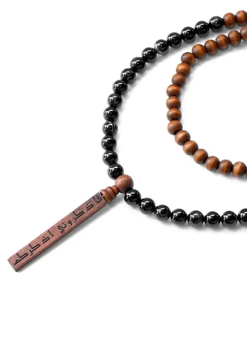 أم أم أيه من معدن الإنسان سبحة (فاذكروني أذكركم) مكونة من أحجار العقيق مٌزينة بخطوط - أسود - Image 2