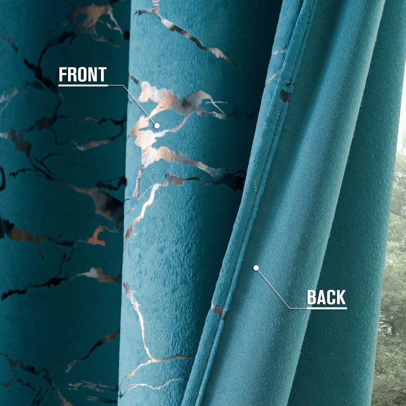 Petrichor Luxury Turquoise Velvet Curtains, Gold & Silver Foil Marble Pattern, 80% Light Blocking, Thermal Drapes, 52" Wide x 84" Long, 2 Panels for Bedroom and Living Room - Image 3