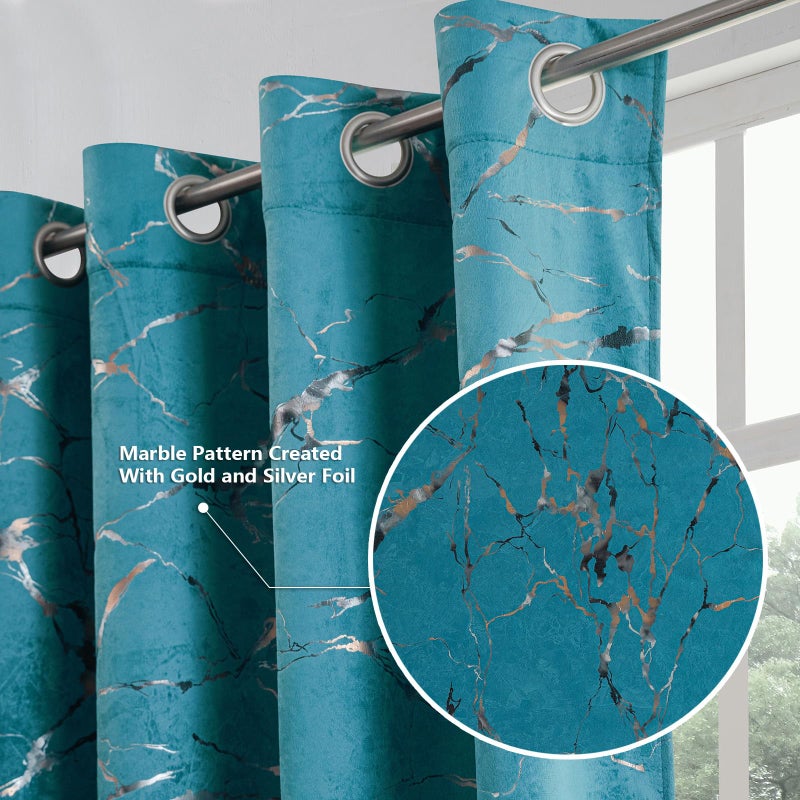 Petrichor Luxury Turquoise Velvet Curtains, Gold & Silver Foil Marble Pattern, 80% Light Blocking, Thermal Drapes, 52" Wide x 84" Long, 2 Panels for Bedroom and Living Room - Image 2
