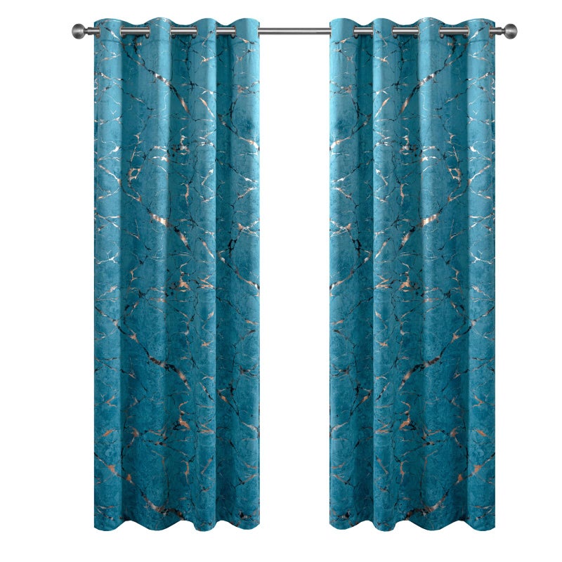 Petrichor Luxury Turquoise Velvet Curtains, Gold & Silver Foil Marble Pattern, 80% Light Blocking, Thermal Drapes, 52" Wide x 84" Long, 2 Panels for Bedroom and Living Room - Image 1