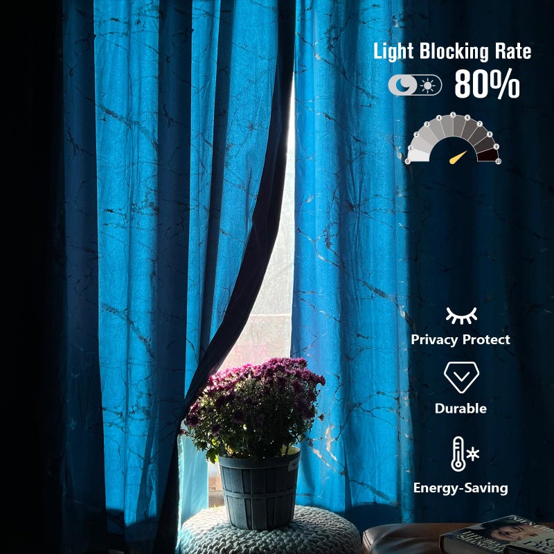Petrichor Luxury Turquoise Velvet Curtains, Gold & Silver Foil Marble Pattern, 80% Light Blocking, Thermal Drapes, 52" Wide x 84" Long, 2 Panels for Bedroom and Living Room - Image 5