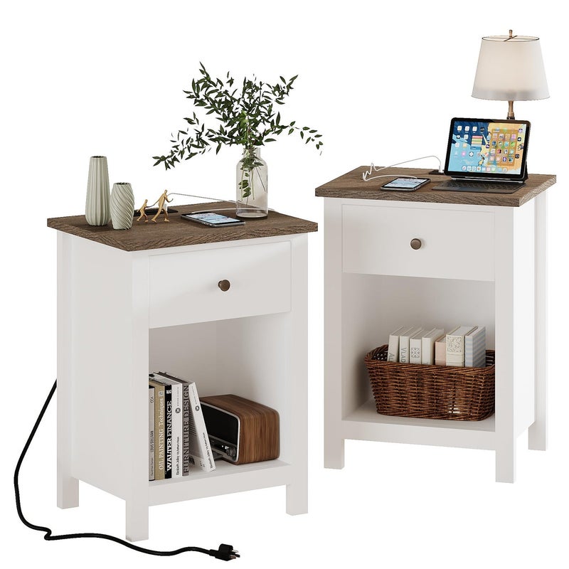 ChooChoo Farmhouse Nightstand Set of 2Night Stand with Charging Station Wooden Top Bedside End Table with Drawer and Storage Space for Bedroom White