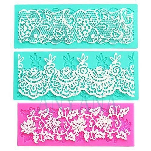 Anyana set of 3 sugar edible cake silicone fondant impression lace mat cake decorating mold gum paste cupcake topper tool icing candy imprint baking moulds sugarcraft trimming grape vine Scalloped - Image 1