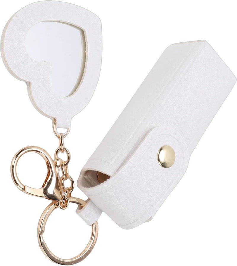 Walfront Lipstick Case with Mirror PU Leather Portable Holder Keychain for Women Travel Small Gifts (White) - Image 2