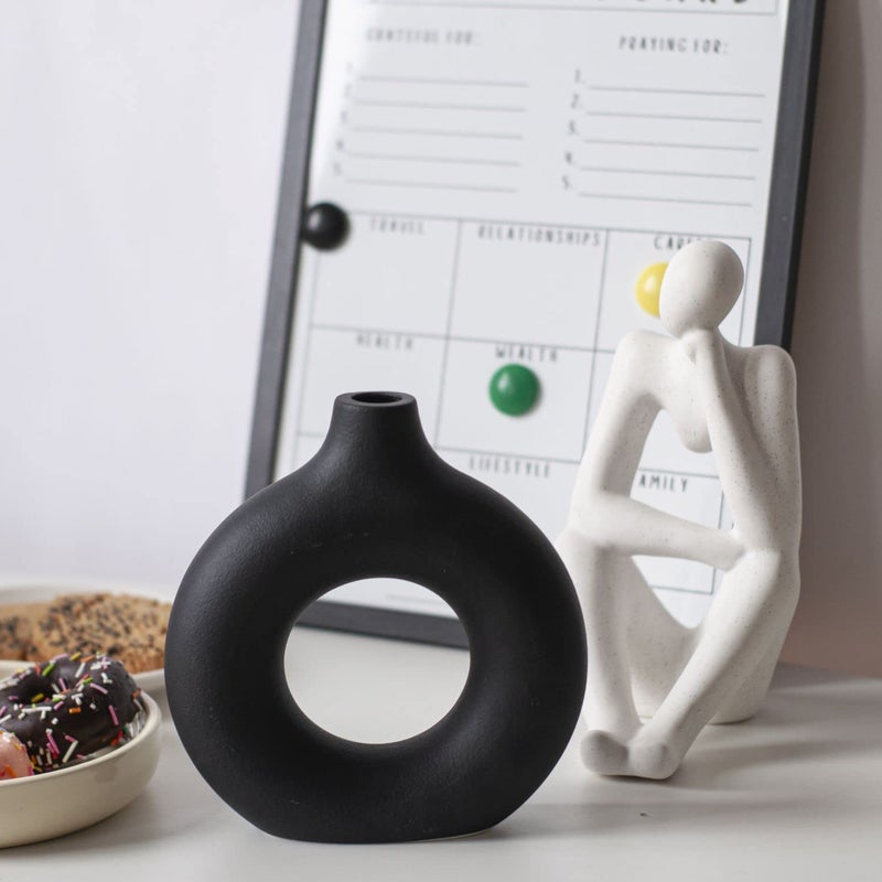 CEMABT Black Donut Vase Hollow Ceramic Vase for Flowers Handmade Minimalist Boho ins Style Modern Home Decor for Wedding Dinner Table Party Living Room Office Bedroom - Image 2