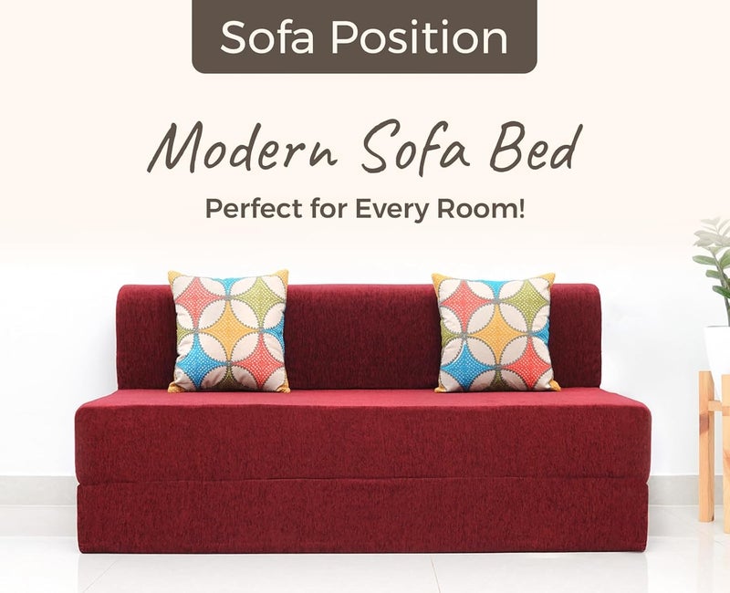 uberlyfe 3 Seater Sofa com Bed Perfect for Guests Moshi Fabric Washable Cover Maroon with 2 CushionsJharokha Pattern 6 X 6 Feet - Image 3