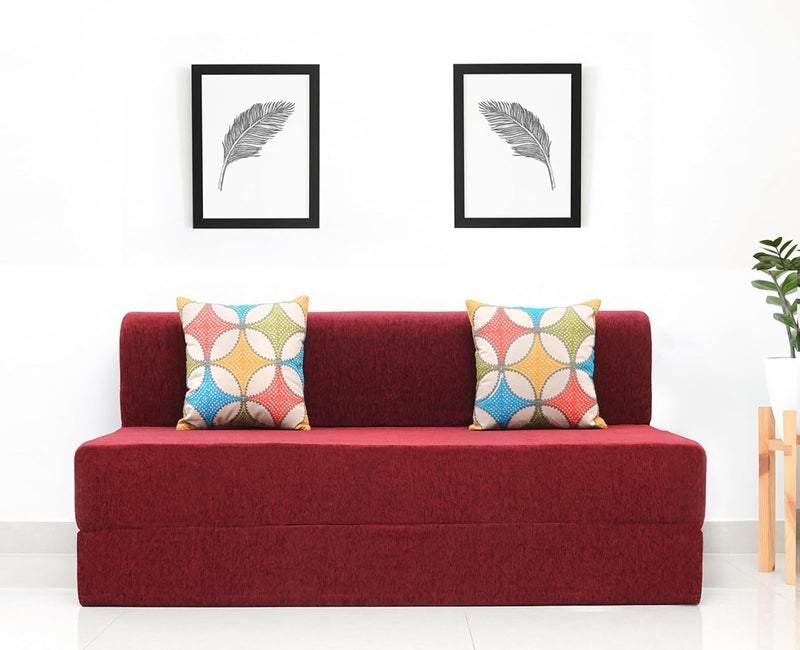 uberlyfe 3 Seater Sofa com Bed Perfect for Guests Moshi Fabric Washable Cover Maroon with 2 CushionsJharokha Pattern 6 X 6 Feet - Image 1