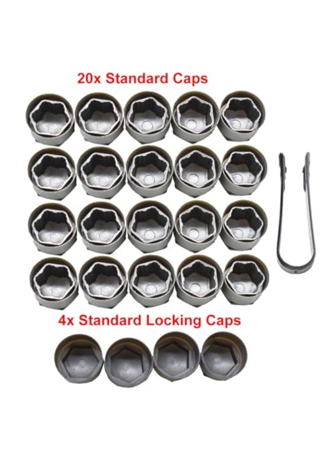 Wheel Center Caps for Audi: 20pcs 25mm Wheel Hub Lug Nut Bolt Caps Designed for Audi A1 A2 A3 A4 A5 A6 A7 A8 Q3 Q5 TT S3 S5 S6 S8 RS3 RS4 RS5 RS6 R8 with 4 Locking Caps + Removal Tool (Grey) - Image 2