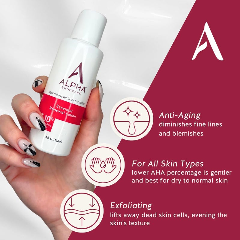 Alpha Skin Care Essential Renewal Lotion, 10% Glycolic AHA, Anti-Aging Formula, Reduces Lines & Wrinkles, Alpha Hydroxy Acid Exfoliates for Smoother Skin, Normal to Dry Skin, 4 Oz - Image 2