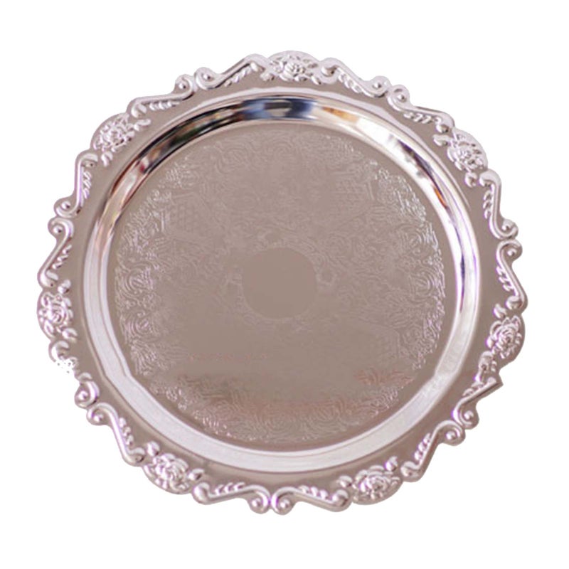 Round Fruit Plate Metal Serving Plate Dessert Cake Decorative Disk for Wedding Holiday Party Silver S - Image 1