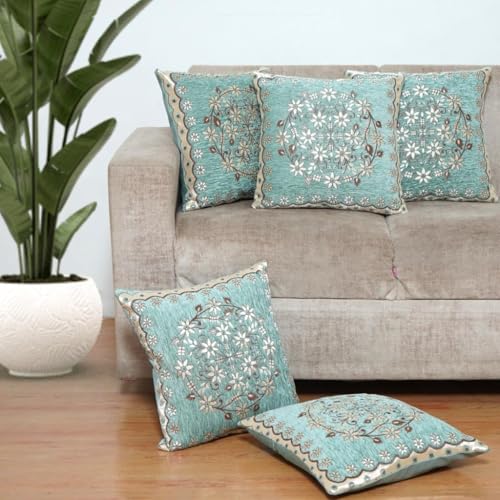 HOMECROWN Velvet Cushion Covers Set of 5 – 16x16 Inches, Embroidered Sofa Pillow Covers for Home, Living Room & Bedroom (Green) - Image 1