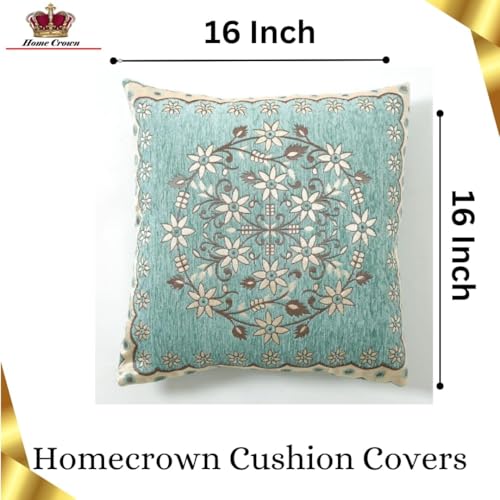 HOMECROWN Velvet Cushion Covers Set of 5 – 16x16 Inches, Embroidered Sofa Pillow Covers for Home, Living Room & Bedroom (Green) - Image 3